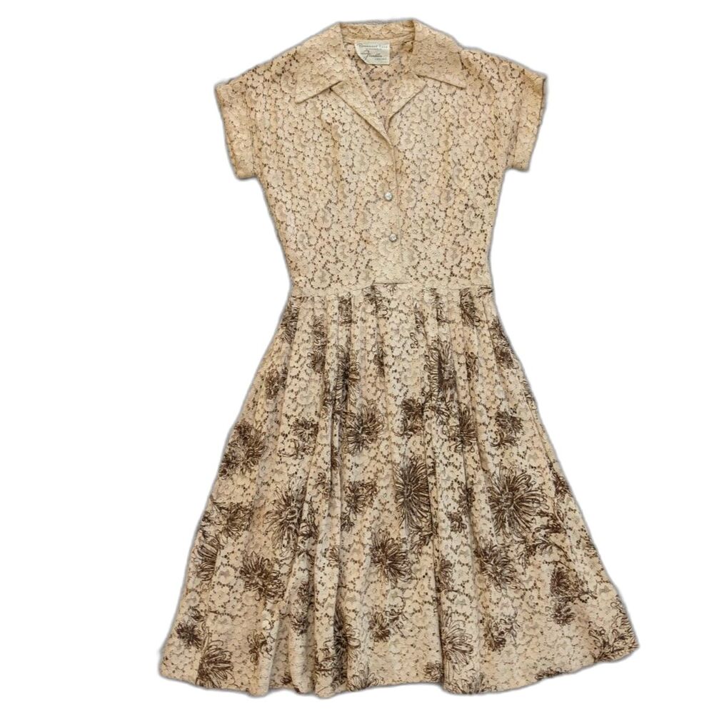 Vintage 50s Rosemont Lace Tea Dress, Cappuccino Lace w/Chrysanthemums, Sz 00/0